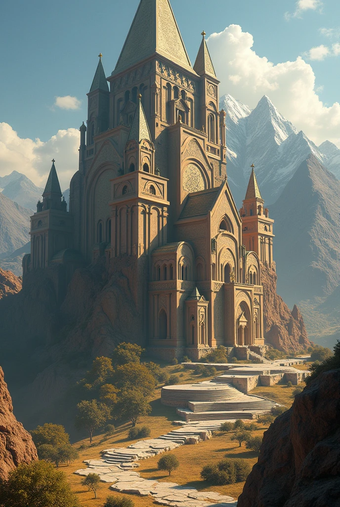 there is a large Ethiopian Orthodox Church building that is built into the side of a mountain, intricate matte painting, matte painting of human mind, digital matte painting, ancient yet futuristic, elaborate matte painting, hyperdetailed 3d matte painting, hyperdetailed 3 d matte painting, extravagant matte painting, epic matte painting, epic cinematic matte painting, matte painting concept art, giant tomb structures