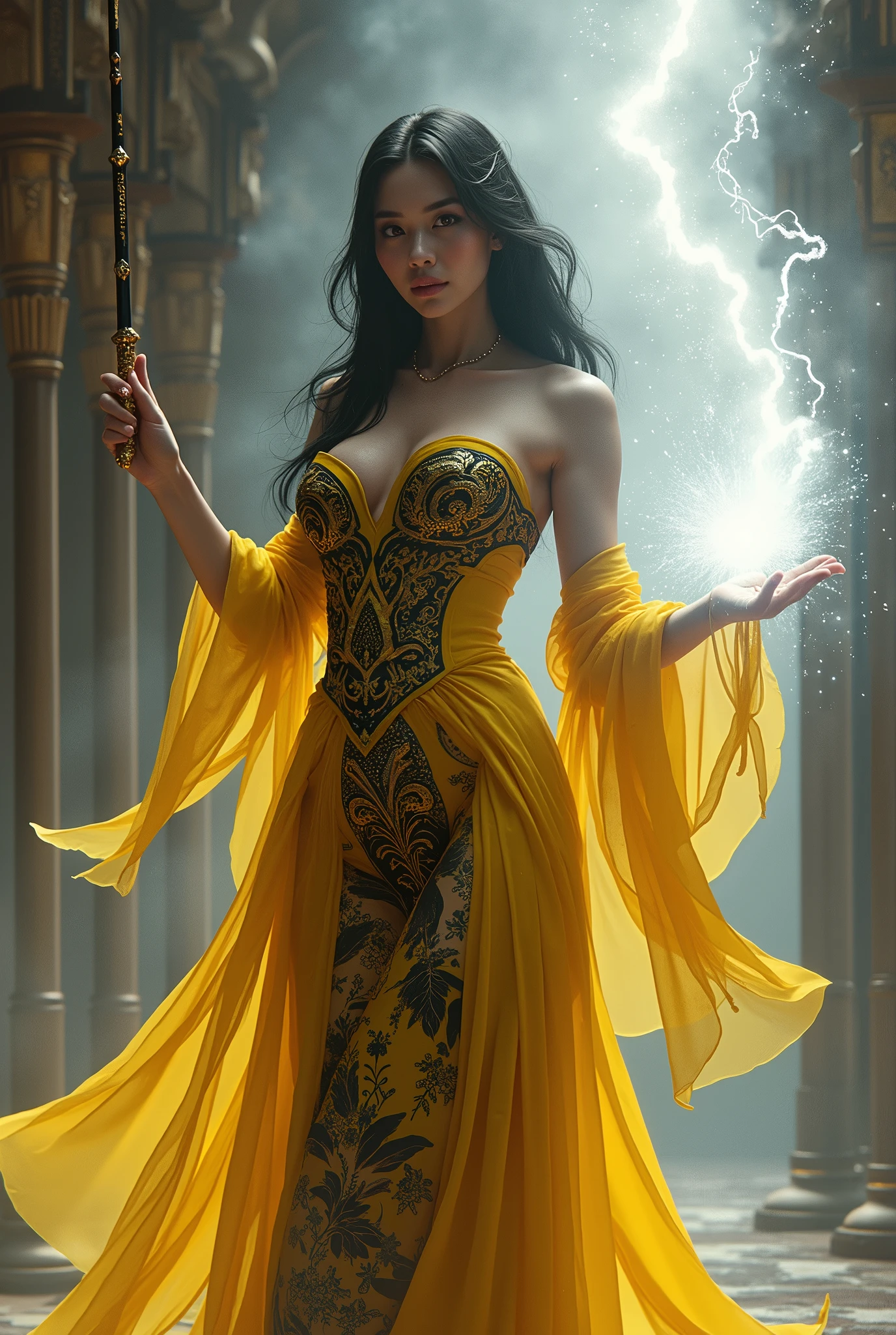 (masterpiece, photorealistic:1.4, extremely intricate:1.3), (photon mapping, radiosity, physically based rendering, ultra resolution, hyper-realistic, photorealistic:1.4, hyper-realistic, 8K), (((glossblack hair, buxom Sylph, large breasts, wide hips, yelloww black chinoiserie dress))) sorceress, wand raised, white air power