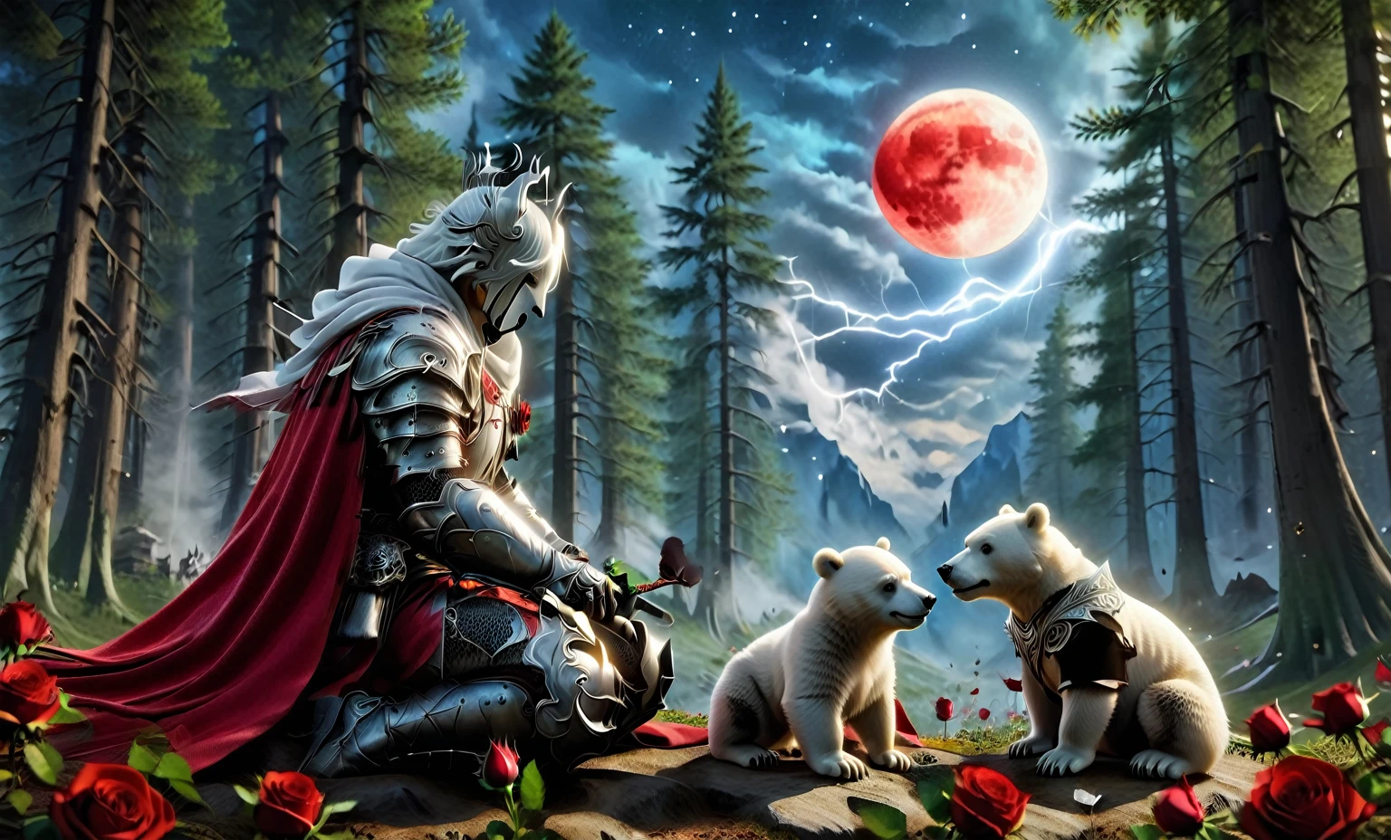 Male knight with a white hood with polar bear ears and a sword behind his back sits cross-legged on the ground towards a baby polar bear and a baby brown bear in a forest while the moon shines, many Roses cover the ground and lightning falls from the sky. The baby polar bear plays with the baby brown bear while the knight enjoys watching them. Only the man wears a red blindfold. In the background of the picture is the blood moon and a tree has fallen down in the path. The forest is full of trees with leaves. The armor of the man is black and red roses decorate it. The sky is full of stars. The knight is thoughtfully touching his face.