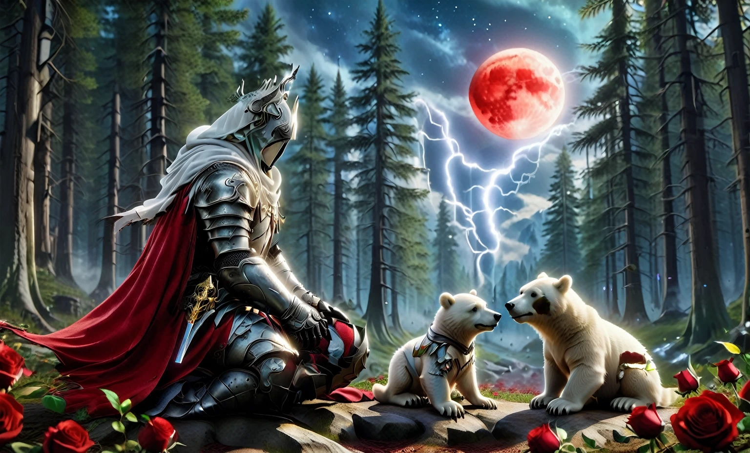 Male knight with a white hood with polar bear ears and a sword behind his back sits cross-legged on the ground towards a baby polar bear and a baby brown bear in a forest while the moon shines, many Roses cover the ground and lightning falls from the sky. The baby polar bear plays with the baby brown bear while the knight enjoys watching them. Only the man wears a red blindfold. In the background of the picture is the blood moon and a tree has fallen down in the path. The forest is full of trees with leaves. The armor of the man is black and red roses decorate it. The sky is full of stars. The knight is thoughtfully touching his face.