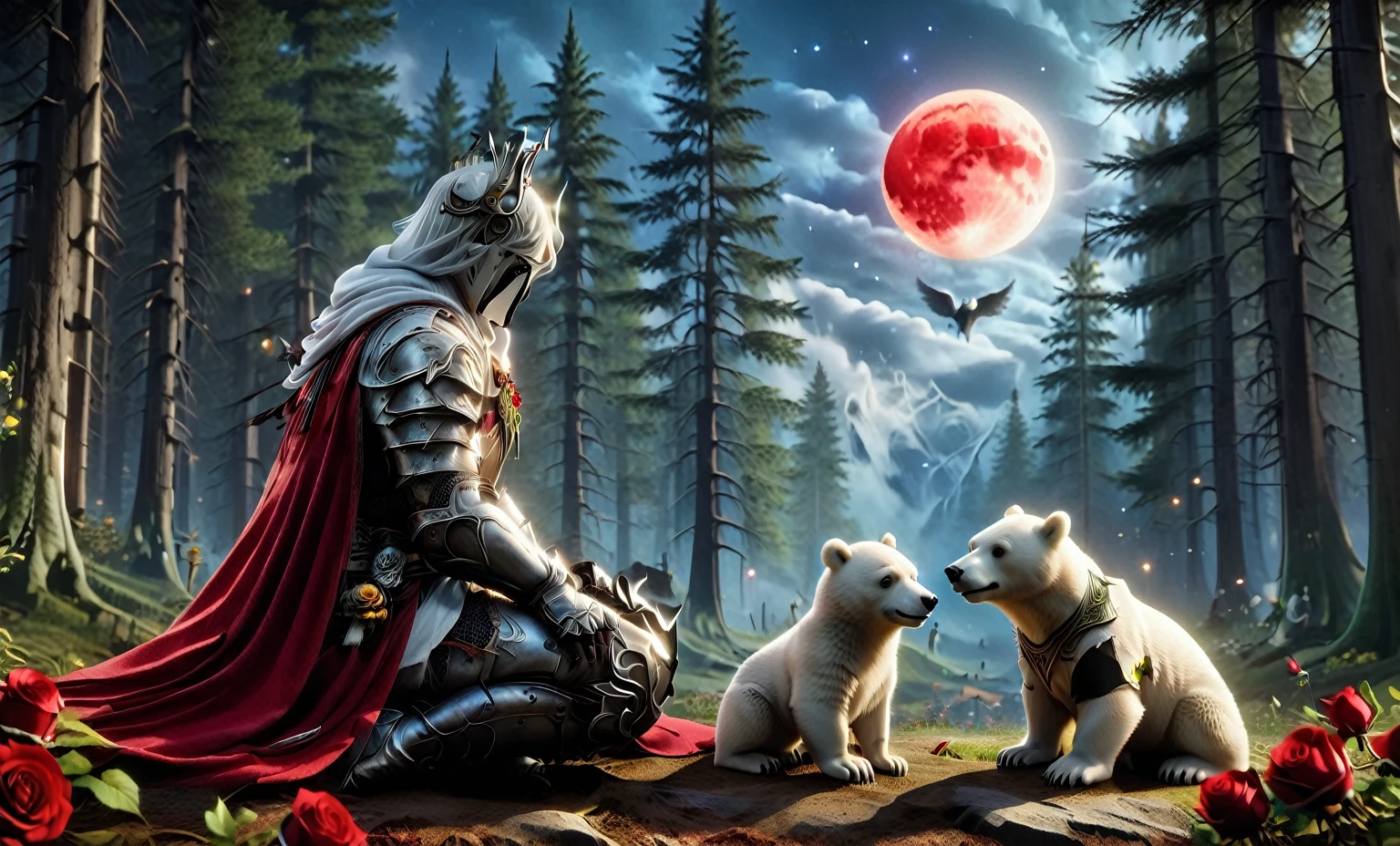 Male knight with a white hood with polar bear ears and a sword behind his back sits cross-legged on the ground towards a baby polar bear and a baby brown bear in a forest while the moon shines, many Roses cover the ground and lightning falls from the sky. The baby polar bear plays with the baby brown bear while the knight enjoys watching them. Only the man wears a red blindfold. In the background of the picture is the blood moon and a tree has fallen down in the path. The forest is full of trees with leaves. The armor of the man is black and red roses decorate it. The sky is full of stars. The knight is thoughtfully touching his face.