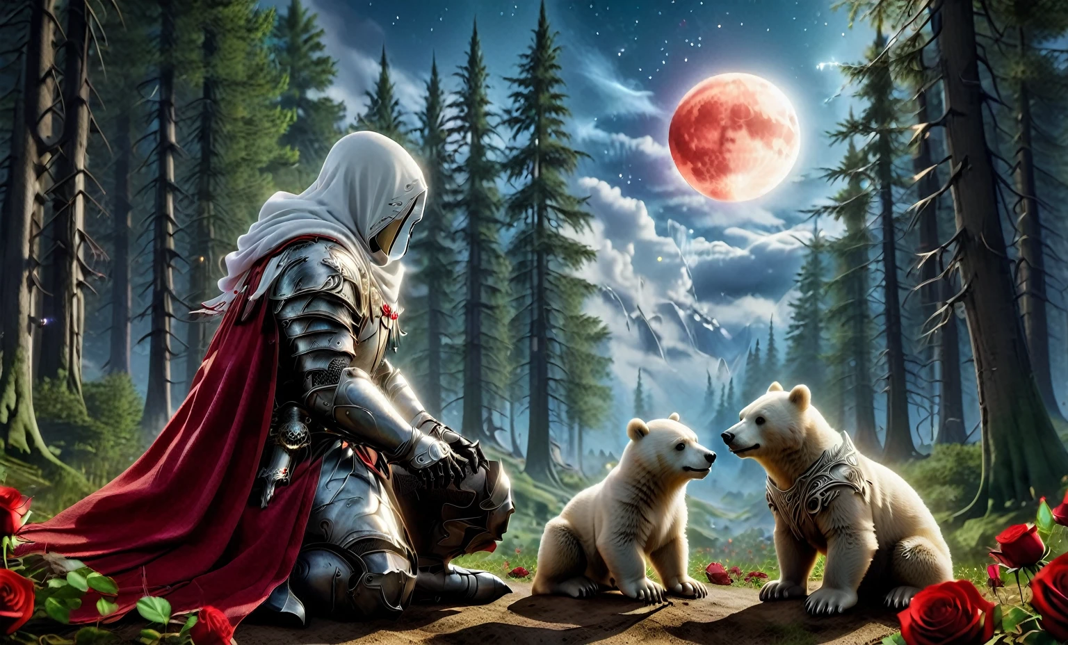 Male knight with a white hood with polar bear ears and a sword behind his back sits cross-legged on the ground towards a  polar bear and a babywn bear in a forest while the moon shines, many Roses cover the ground and lightning falls from the sky. The baby polear plays with the baby brown bear while the knight enjoys watching them. Only the man wears a red blindfold. In the background of the picture is the blood moon and a tree has fallen down in the path. The forest is full of trees with leaves. The armor of the man is black and red roses decorate it. The sky is full of stars. The knight is thoughtfully touching his face.