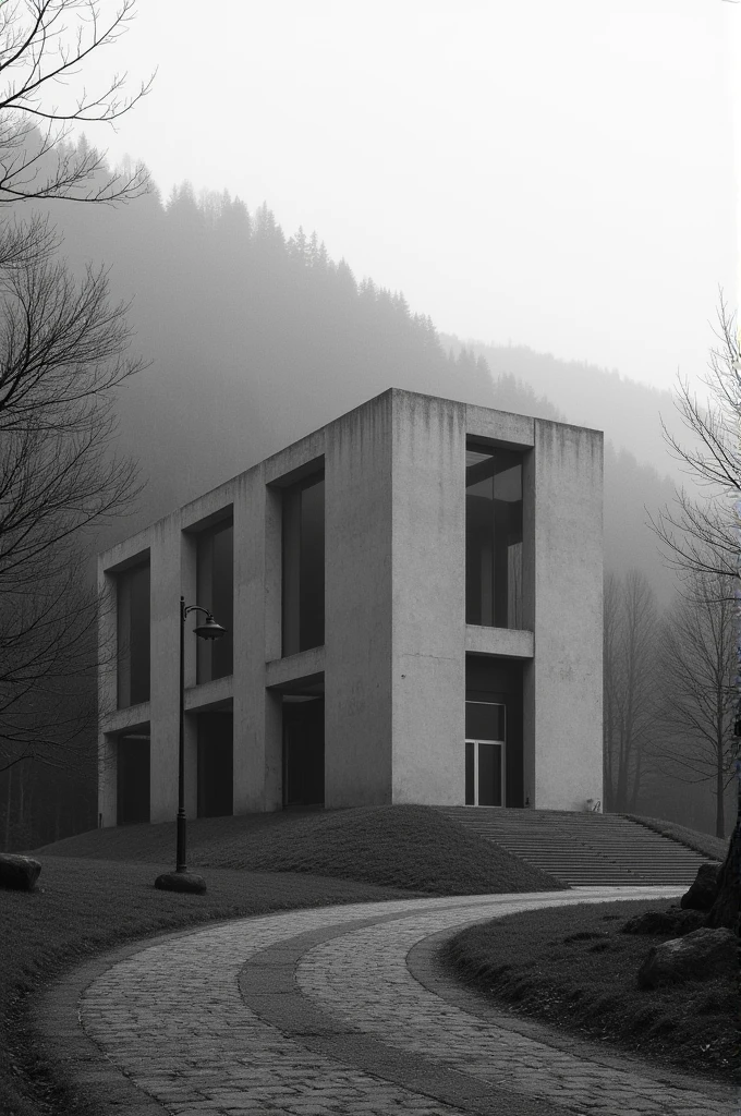 Monochromatic image of a library that is a large two-story structure with several large blocks at the foot of a hill surrounded by some sparsely leafed trees