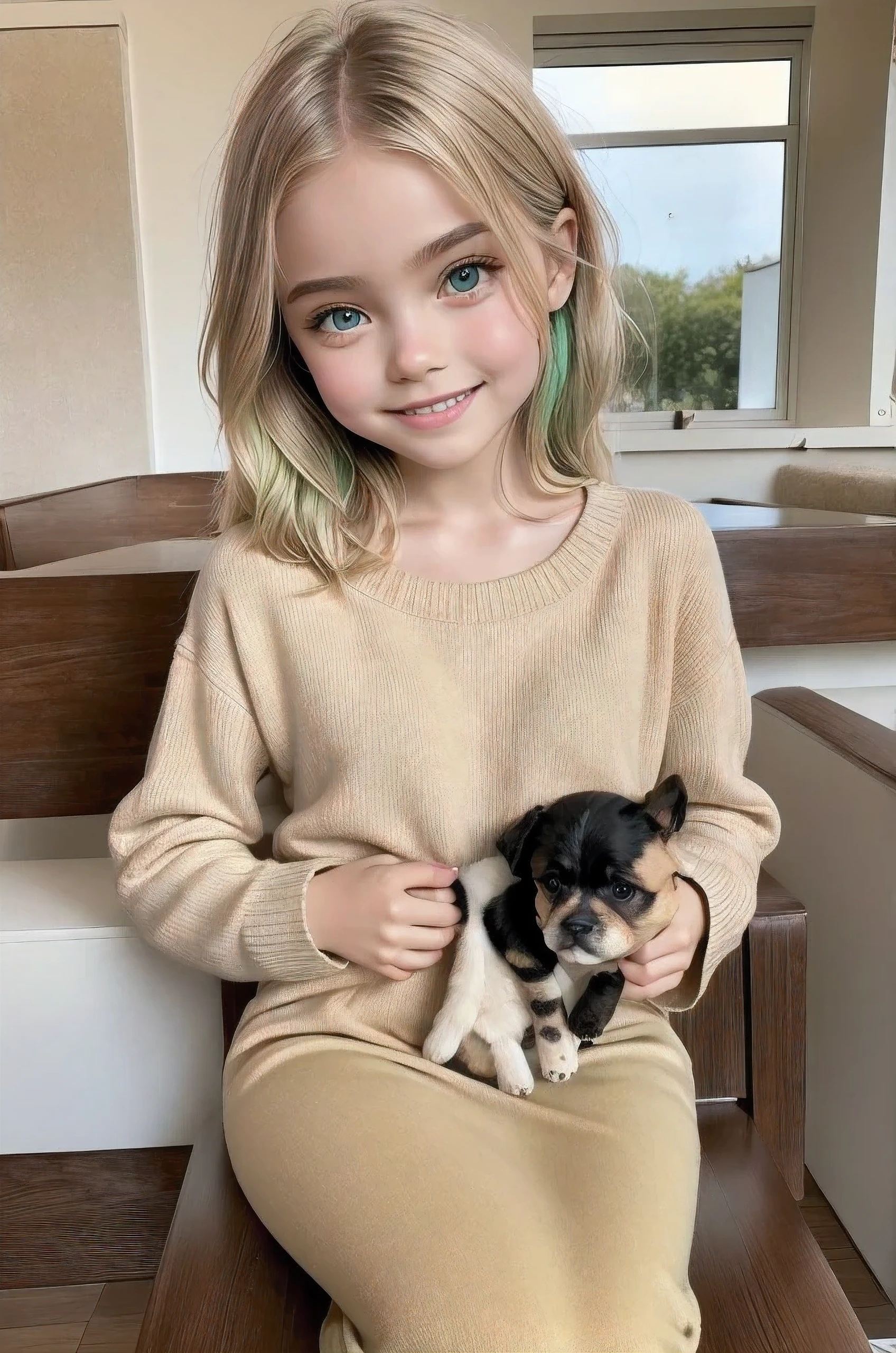 Cute girl, gardenias, short messed green hair, brown eyes, round face, wearing brown sweater, sitting in café drinking coffee, sunset, toothy smile, without bangs, holding a poodle puppy in her arms, natural lighting, game of shadows, (masterpiece:1.2), (realistic:1.5), UHD, award winning photography, imperfect skin, detailed face and skin, glossy skin, full body, random pose