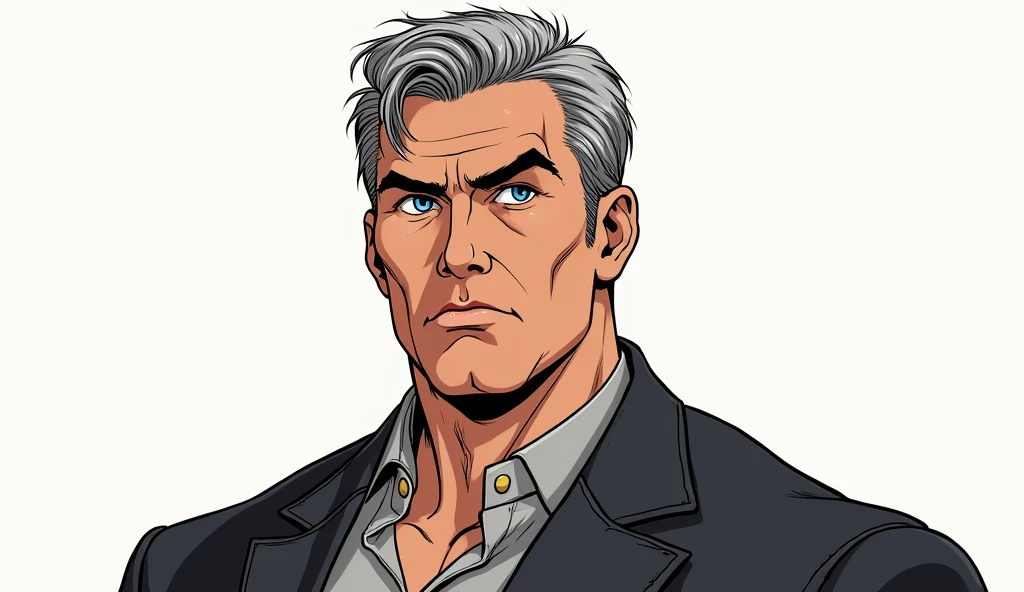 Character sheet of an adult male named John Smith. He has fair skin with a few freckles, short gray hair slicked back with hints of brown, and intense blue eyes with a watchful expression. His build is stocky and muscular. The style should blend 1980s comic book art with 1980s anime, showing him in a firm, resolute pose. The background should be transparent."