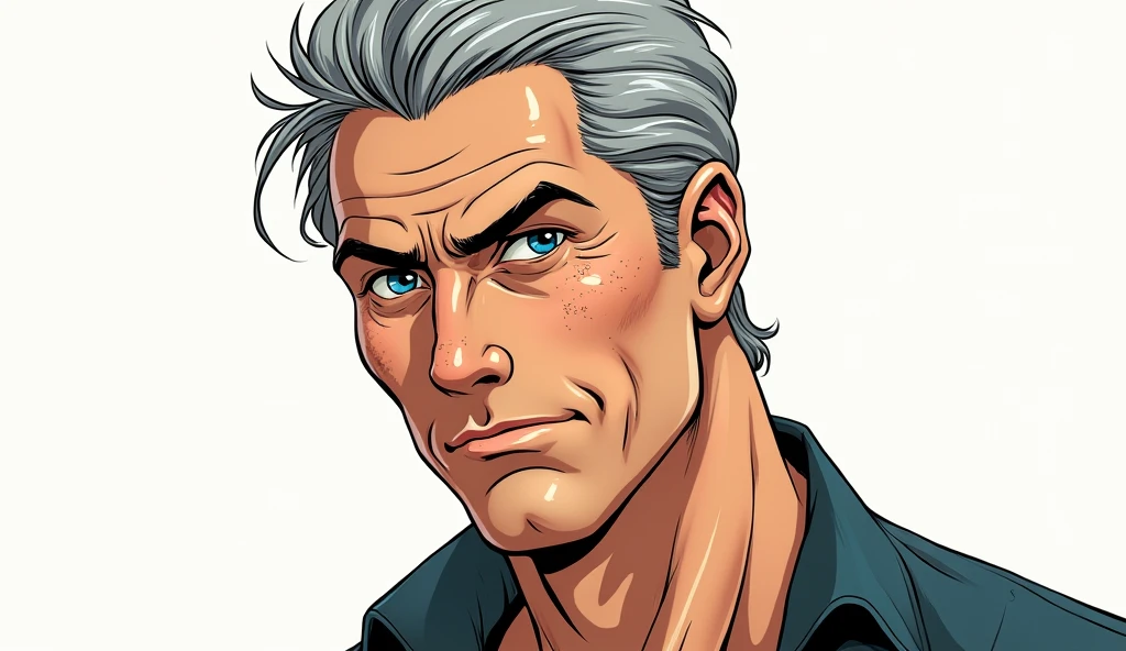 Character sheet of an adult male named John Smith. He has fair skin with a few freckles, short gray hair slicked back with hints of brown, and intense blue eyes with a watchful expression. His build is stocky and muscular. The style should blend 1980s comic book art with 1980s anime, showing him in a firm, resolute pose. The background should be transparent."