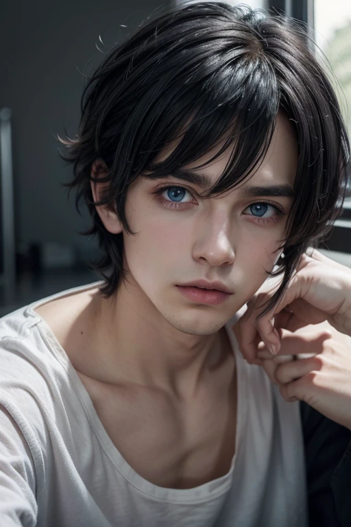 masterpiece, Best Quality,lacus-bk, 1 chico, Alone, messy hair, black hair, very short hair, blue eyes,