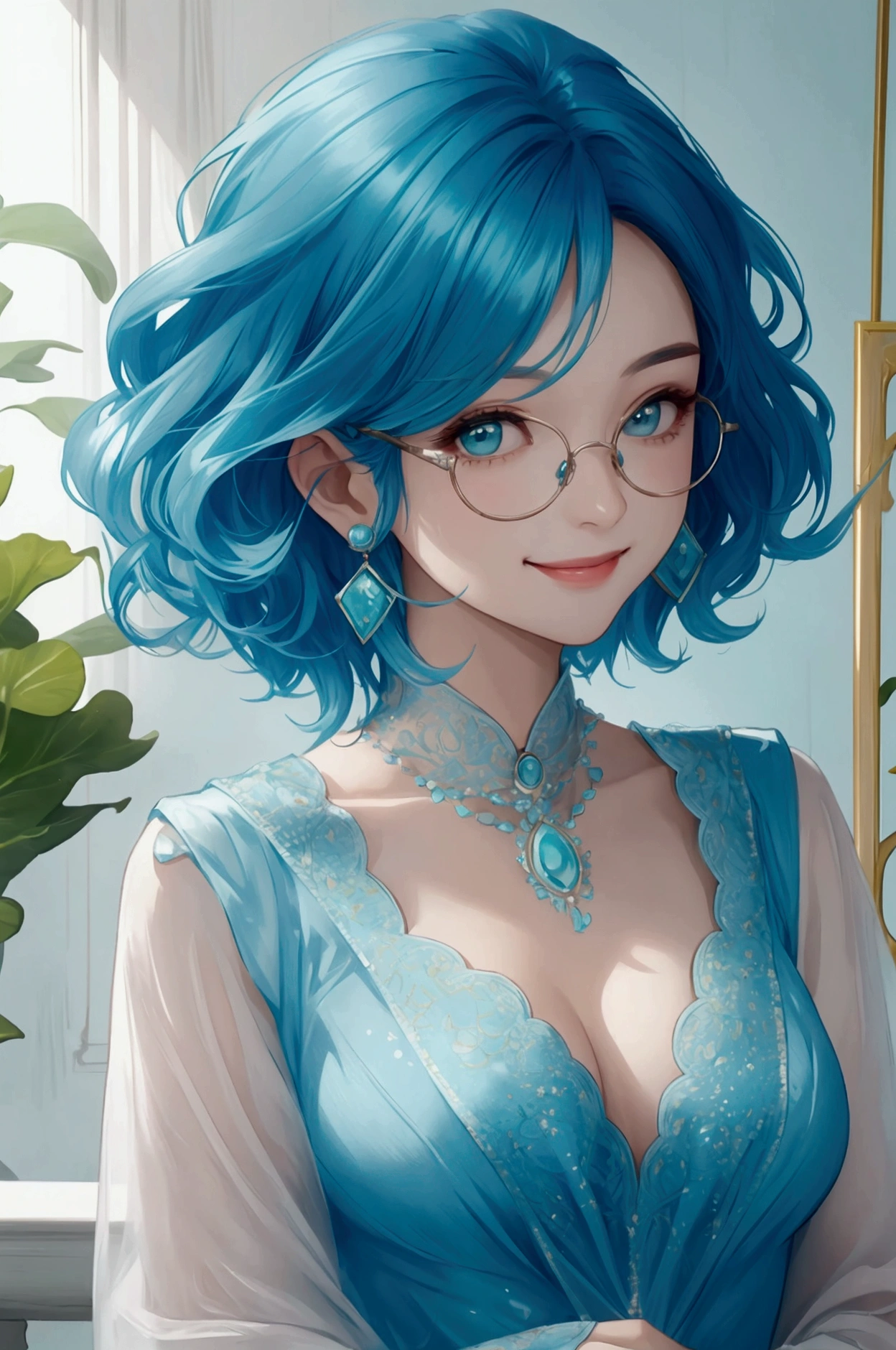 Woman with short medium wavy blue hair, with a turquoise dress and wearing glasses, smiling