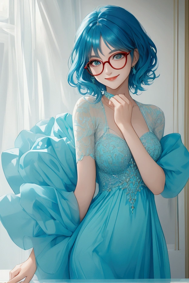 Woman with short medium wavy blue hair, with a turquoise dress and wearing glasses, smiling