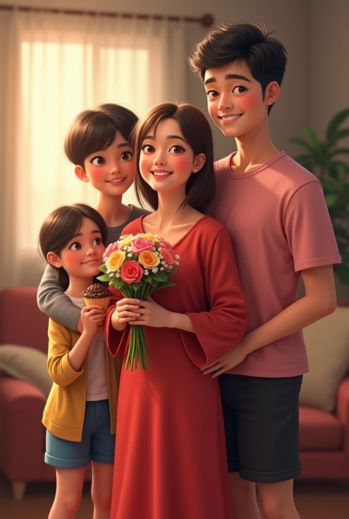 The women waring a red dress with full sleeve hand dress with covered nack and she's holding a flower bouquet and another hand holding a small chocolate cake she's standing with she's big brother he's waring a ( pink t shirt and black Shorts) he's taller then she happy face and big smile background like a living room and she's family also there sister mom big brother, and nind years old brother Hair Between Eyes, Ponytail, Smile,