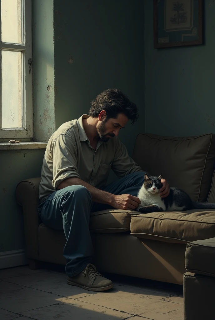 Cat and depressed man