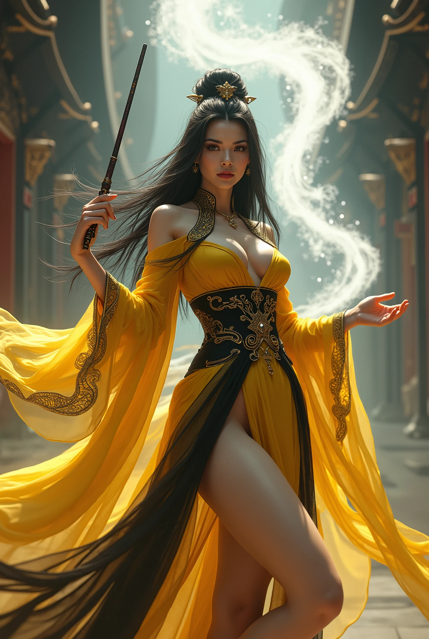 (masterpiece, photorealistic:1.4, extremely intricate:1.3), (photon mapping, radiosity, physically based rendering, ultra resolution, hyper-realistic, photorealistic:1.4, hyper-realistic, 8K), (((glossblack hair, buxom Sylph, large breasts, wide hips, yelloww black chinoiserie dress))) sorceress, wand raised, white air power