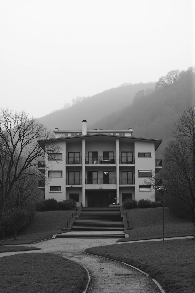 Monochromatic image of a library that is a large two-story structure with several large blocks at the foot of a hill surrounded by some sparsely leafed trees