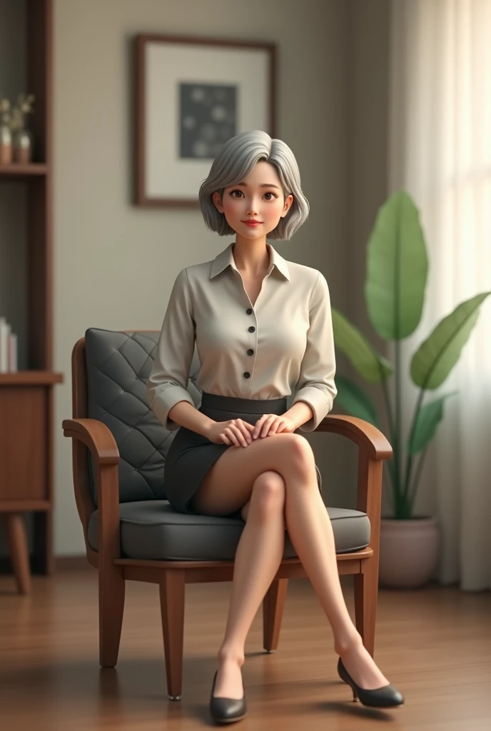A 3D figure of a 60-year-old Japanese woman sitting on a chair, wearing a mini skirt, and crossing her legs. The woman has short, graying hair styled in a neat and tidy manner, and her facial expression is calm and confident. She is wearing a stylish blouse paired with a tasteful mini skirt and low-heeled shoes. Her posture is relaxed yet elegant, with her hands resting gently on her lap. The scene is set in a simple, modern interior background with soft lighting that highlights the figure's mature yet graceful demeanor.
