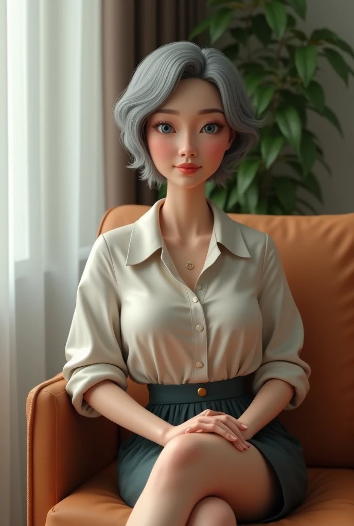 A 3D figure of a 60-year-old Japanese woman sitting on a chair, wearing a mini skirt, and crossing her legs. The woman has short, graying hair styled in a neat and tidy manner, and her facial expression is calm and confident. She is wearing a stylish blouse paired with a tasteful mini skirt and low-heeled shoes. Her posture is relaxed yet elegant, with her hands resting gently on her lap. The scene is set in a simple, modern interior background with soft lighting that highlights the figure's mature yet graceful demeanor.