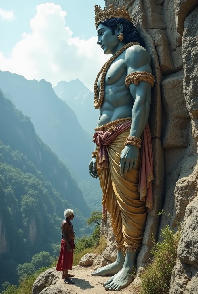 An Indian poor old laborer broke a mountain and built a huge statue of Krishna and people came to see it