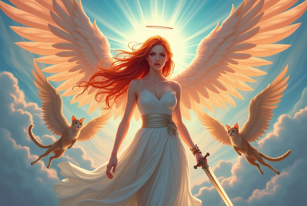 masterpiece, best quality, high fantasy, Very beautiful woman angel flying towards viewer, face and upper body closeup, Angel Halo, red hair, whole body, modern magic the gathering art, radiant Color, clouds, Graphic Style, (Manga influence:1.3), Beautiful line drawing, Impressive visuals, drawing long sword and commanding an army of (flying cats with angel wings:1.4) gliding down from the heavens, heaven's rays of light radiating prism colours, dynamic pose.
