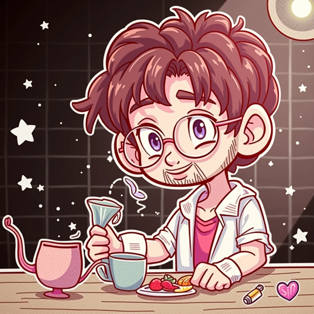 Create a colorful, minimalist cartoon-style illustration, as if it had been hand-drawn on an unlined notebook sheet. The drawing must capture a photograph of a young adult between the ages of 18 and 21., sem beard, with short hair, slightly dark skin, with glasses, cabelo curto com franja, with simple and light lines, soft colors and minimal details, reflecting the casual, spontaneous style of a doodle made with pen or colored pencil. The proportions must be cartoonish, with simplified characters and objects and exaggerated expressions to give a fun and expressive touch. The texture of the notebook paper must be visible in the background., no lines, to reinforce the feeling of a colorful homemade sketch.