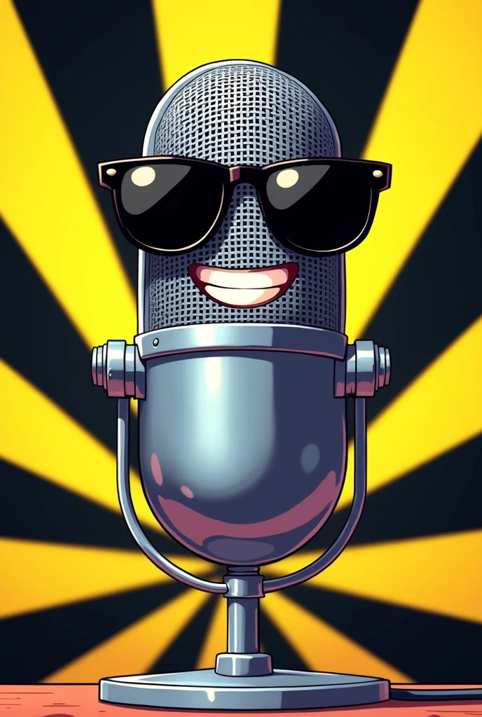 podcast microphone smiling and wearing sunglasses with black and yellow stripe background anime version