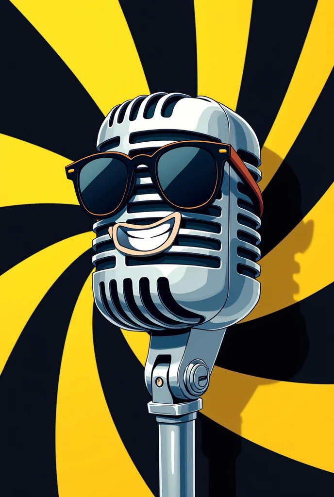 podcast microphone smiling and wearing sunglasses with black and yellow stripe background anime version