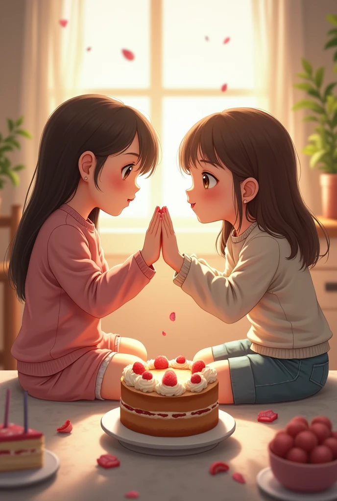 Create a picture of two girls sitting together and reaching out to hold hands and there is a cake in the middle 