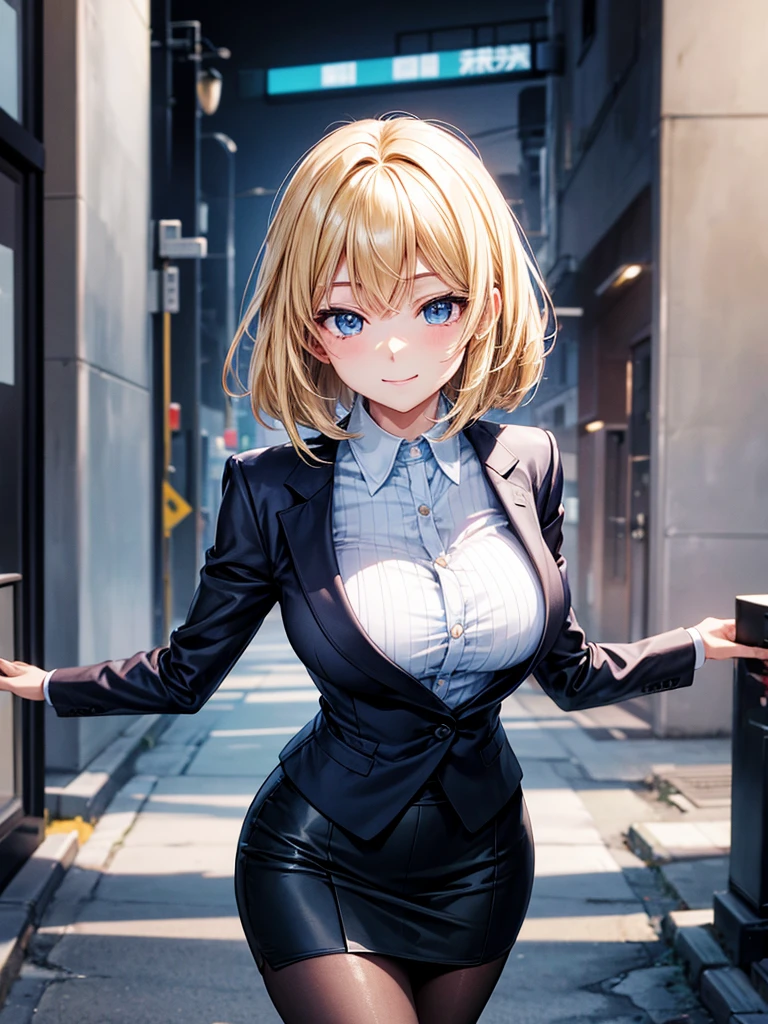 Anime style, super fine illustration, highly detailed, beautiful detailed, perfect detailed, super high quality image, static representation, gentle expression, happy expression, the pretty image, super stylish, 8k, beautiful face, handsome face, perfect & pretty 1girl with blonde straight short hair & blue eyes & a bright smile & full bust & soft fair skin is a female supervisor who is not to show her skin wearing big light blue business shirt & black summer tailored jacket & black tight skirt & black pantyhose on the urban business buildings street, in the morning, solo, perfect fingers, no more fingers, no less fingers, perfect arms, no more arms, perfect legs, no more legs, no more hair, masterpiece.
