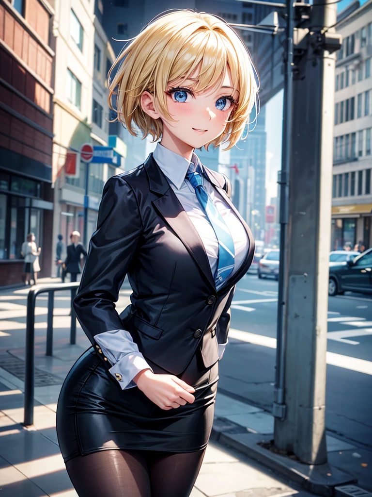 Anime style, super fine illustration, highly detailed, beautiful detailed, perfect detailed, super high quality image, static representation, gentle expression, happy expression, the pretty image, super stylish, 8k, beautiful face, handsome face, perfect & pretty 1girl with blonde straight short hair & blue eyes & a bright smile & full bust & soft fair skin is a female supervisor who is not to show her skin wearing big light blue business shirt & black summer tailored jacket & black tight skirt & black pantyhose on the urban business buildings street, in the morning, solo, perfect fingers, no more fingers, no less fingers, perfect arms, no more arms, perfect legs, no more legs, no more hair, masterpiece.