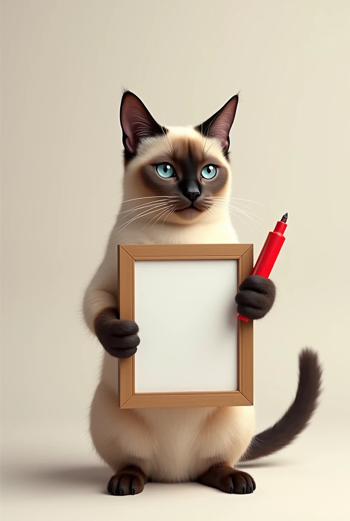 a Siamese cat holding an empty picture frame and also a red marker