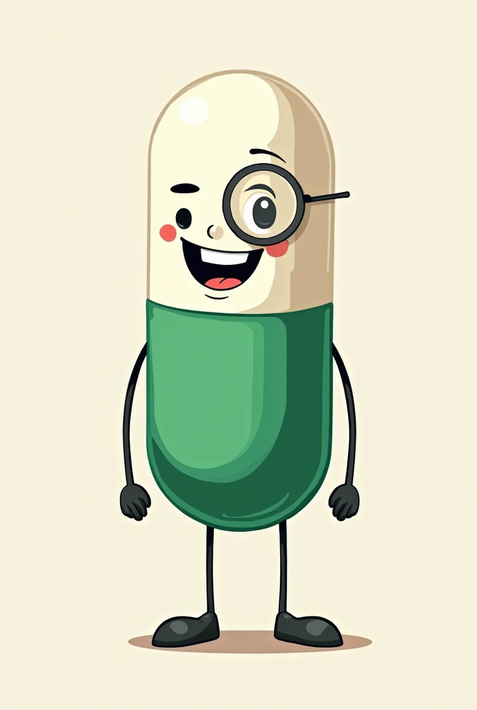 a pill with a white top and a green bottom with painted arms and legs, with a monocle in one eye with a millionaire's smile. all this is drawn in the style of a stickman
