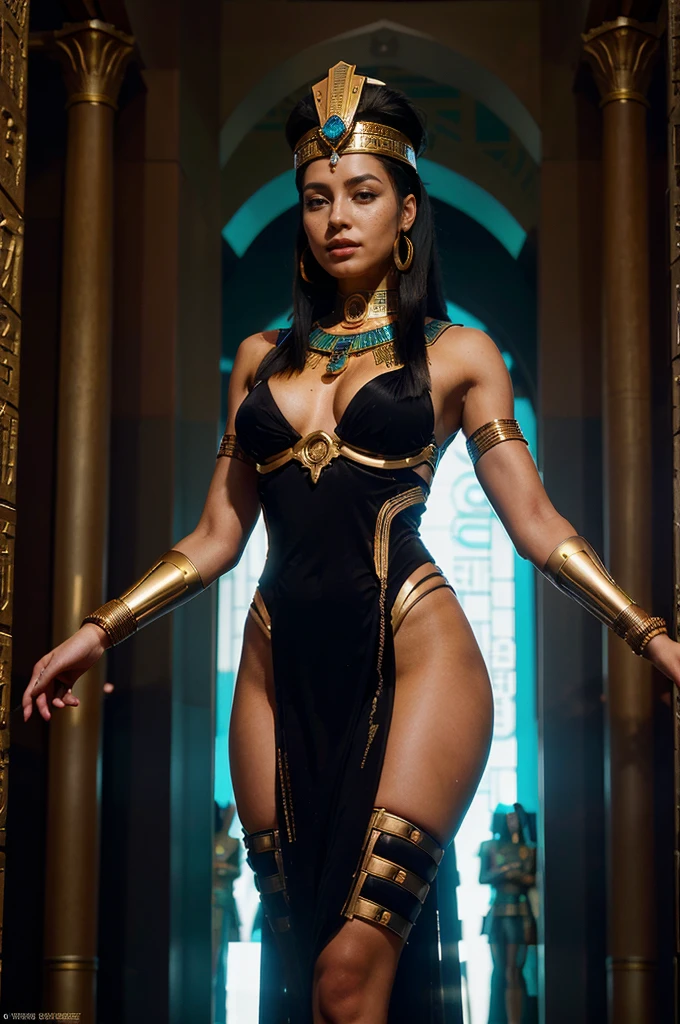 A powerful and bold depiction of an Egyptian goddess, inspired by figures such as Osiris, Cleopatra, Nefertiti, and Hathor, reimagined as a futuristic pharaonic queen. She is a beautiful, athletic, and mystic figure with golden-brown skin, standing confidently with her arms at her sides. She has striking green eyes, bold red lips, and wears dark smoky makeup that accentuates her divine aura. Her cybernetic enhancements and jewelry add a futuristic twist, blending ancient Egyptian regalia with a sci-fi aesthetic.

The scene is set in an epic futuristic cityscape, reminiscent of ‘Blade Runner 2049,’ with neon lights and mist creating a mysterious atmosphere. The background is filled with pink, turquoise, and gold hues that highlight the cyberpunk style. She stands in a commanding pose, evoking a mix of power, prestige, and mysticism, with a glowing halo above her head, suggesting divine birthright.

The composition captures a full-body shot from an eye-level angle, centered with a 35mm lens for a natural perspective. The lighting is cinematic and moody, using dark tones and selective focus to draw attention to her hyper-detailed face and the intricate textures of her futuristic armor. Her skin is naturally tan with freckles, and her curvy body is emphasized by the fine details and realistic rendering in 8K CG. The scene is a masterpiece of high-quality, ultra-detailed backgrounds with a fine drawing style, creating an immersive pharaonic fantasy character.

The goddess is surrounded by other figures, lined up in the background, adding depth to the composition. The setting includes elements of an Egyptian palace fused with a high-tech environment, creating an absurd yet captivating juxtaposition of ancient and futuristic. The camera work captures the essence of a leader, sacred female icon, and a ‘girl boss,’ with a selective focus that highlights her role as a central figure in this visionary, cyber-Egyptian narrative