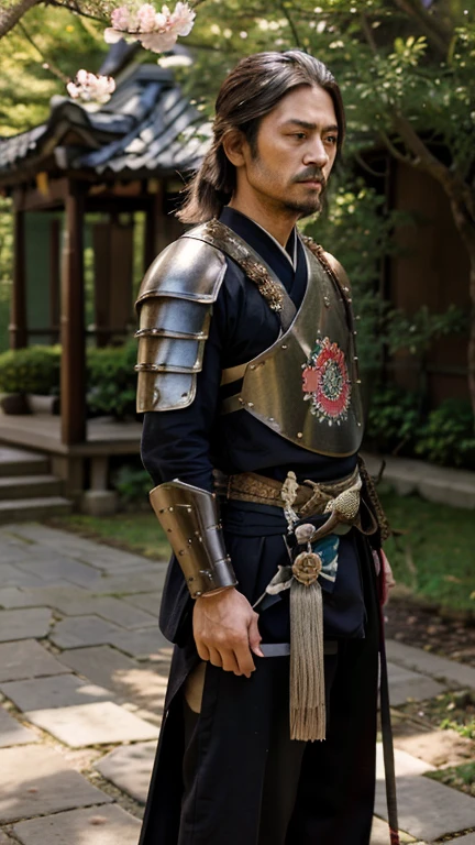 Create a hyper-realistic image of Miyamoto Musashi standing in front of a blooming grove of ipe trees. He is dressed in traditional feudal samurai attire, with his sword sheathed at his side, reflecting his calm and contemplative nature. Musashi's posture should convey respect and admiration as he gazes upon the vibrant, flowering ipe trees. The scene should capture the serene beauty of the grove, with the colorful blossoms contrasting against the subdued tones of his armor. The lighting should be soft and natural, enhancing the tranquility of the moment and highlighting the intricate details of Musashi’s attire and the blooming trees