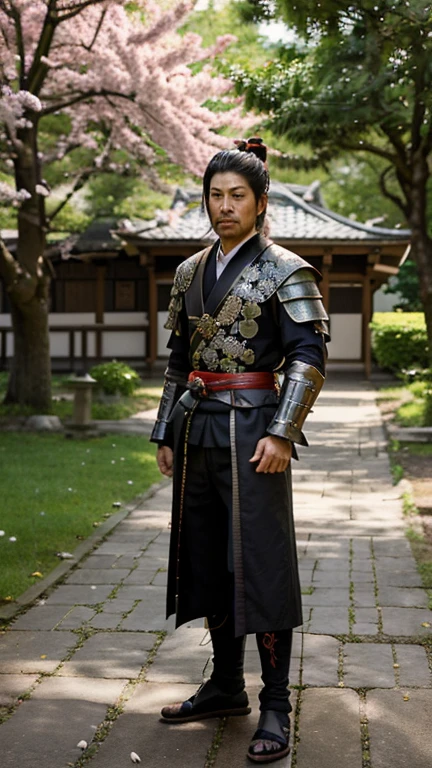 Create a hyper-realistic image of Miyamoto Musashi standing in front of a blooming grove of ipe trees. He is dressed in traditional feudal samurai attire, with his sword sheathed at his side, reflecting his calm and contemplative nature. Musashi's posture should convey respect and admiration as he gazes upon the vibrant, flowering ipe trees. The scene should capture the serene beauty of the grove, with the colorful blossoms contrasting against the subdued tones of his armor. The lighting should be soft and natural, enhancing the tranquility of the moment and highlighting the intricate details of Musashi’s attire and the blooming trees