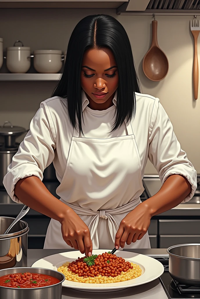 A black cook with straight hair and black eyes in a drawing