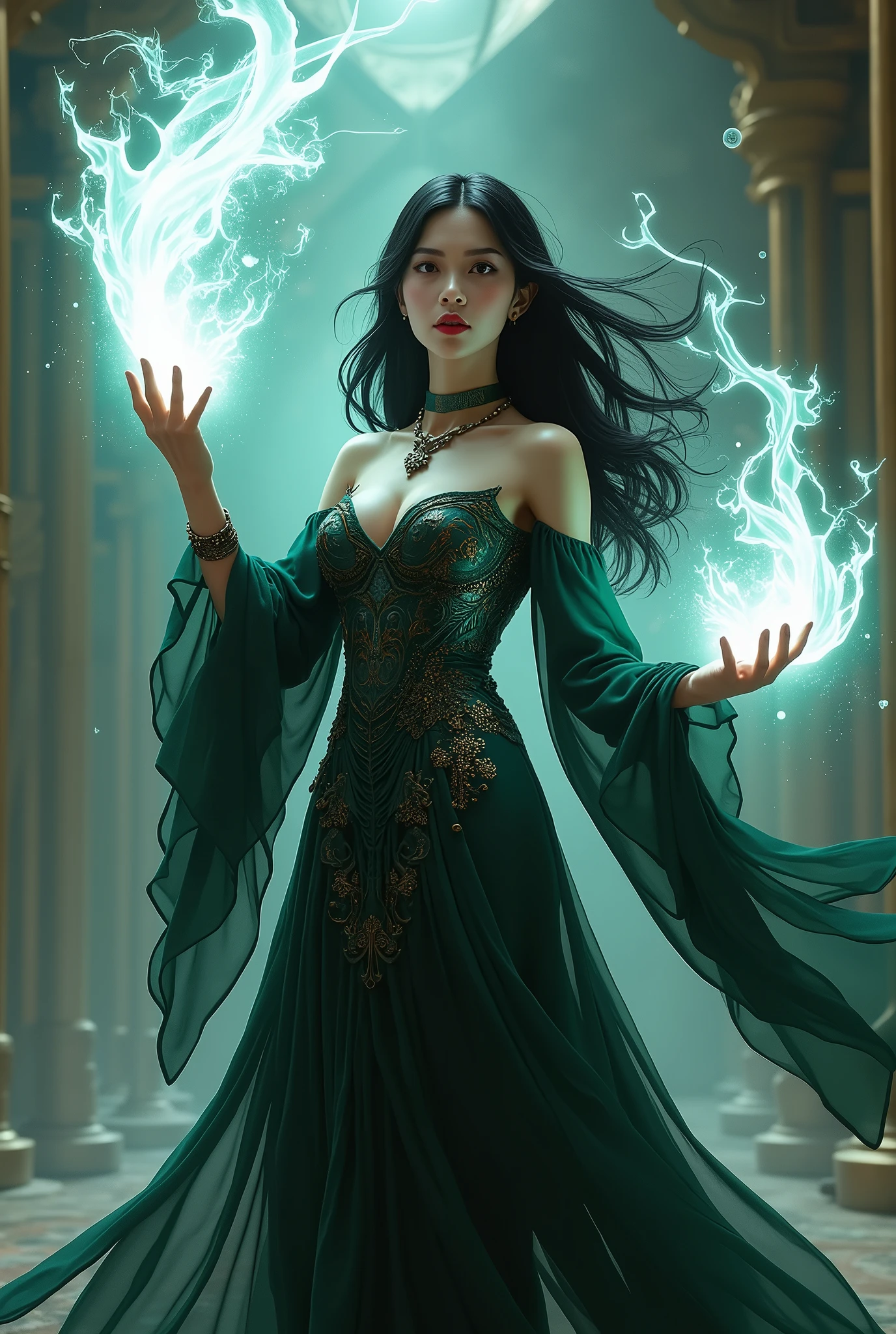 (masterpiece, photorealistic:1.4, extremely intricate:1.3), (photon mapping, radiosity, physically based rendering, ultra resolution, hyper-realistic, photorealistic:1.4, hyper-realistic, 8K), (((glossblack hair, buxom Sylph, large breasts, wide hips, darkgreen black chinoiserie dress))) sorceress, wand raised, white air power