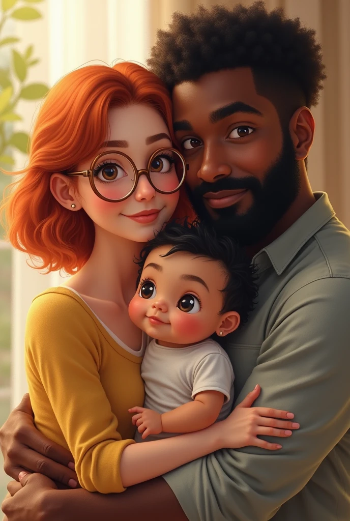 White-skinned woman with red hair and brown eyes with glasses hugging a dark-skinned man with a beard and black hair with a slightly large nose and brown eyes ,carrying a 10-month-old baby with white skin, black hair and big eyes