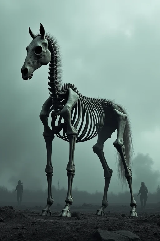 A hyper-realistic skeleton of a centaur stands in the middle of a war field. The skeleton is standing on its hind legs and has the torso, arms, and head of a human, and the body, legs, and tail of a horse. The skeleton is very detailed and looks like it has been in many battles. The war field is dark and gloomy, with smoke and dust filling the air. The sky is overcast and there are no signs of life around the skeleton. The skeleton is the only thing standing in the field, and it looks like it has been there for a long time.