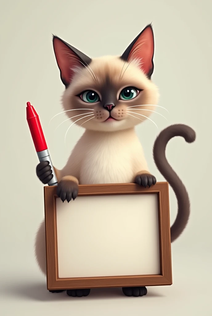 a Siamese cat holding an empty picture frame and also a red marker
