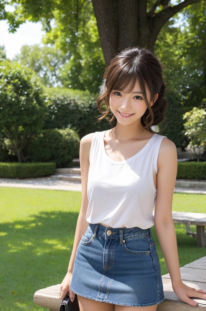 She is a very beautiful and stylish Japanese woman in a summer park., (She has brown eyes and shoulder-length dark blonde hair that is loosely curled back.), She is looking at this way and smiling, She has blunt artificial nails, She is standing shyly in front of the bench, facing me., BREAK, (Ultra Micro Mini Denim Skirt), (Plain sleeveless T-shirt), ((cowboy shot))