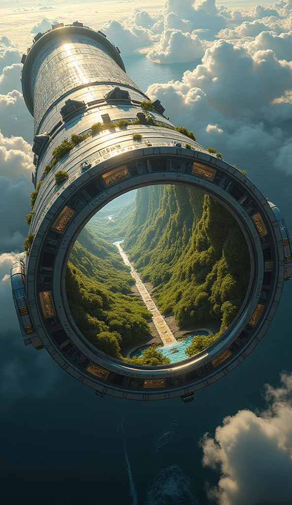 Create a detailed image of the "Double Cylinder Design" O'Neill Cylinder space habitat. This structure features two enormous cylindrical modules, each 30 kilometers long and 6.4 kilometers in diameter, rotating in opposite directions to generate artificial gravity. The cylinders are connected at their ends by massive hubs. The interior of each cylinder is divided into three main sections: large reflective windows, residential areas, and agricultural zones. The windows are positioned between the living areas and agricultural fields, allowing sunlight to enter through external mirrors that reflect light into the habitat. Inside, you can see lush green landscapes, including hills, rivers, forests, and small urban centers, all bathed in a soft, even light. The space between the two cylinders may include docking stations or transportation hubs connecting them. The exterior features large reflective mirrors angled to direct sunlight into the windows. The overall look should convey a high-tech, self-sustaining space habitat orbiting in deep space, with a vast and thriving ecosystem within.