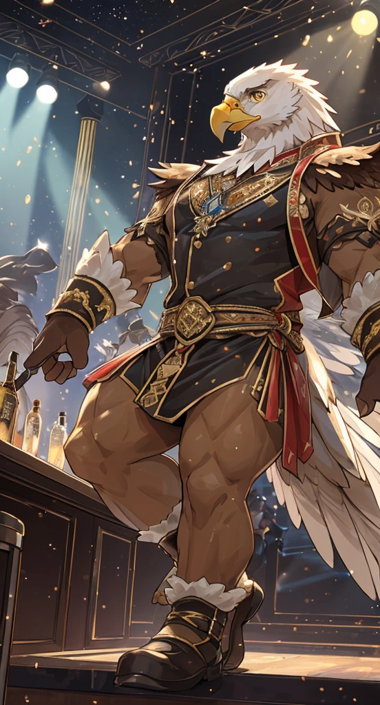 Game Art Style, Refined art, masterpiece, ((alone)), Humanity,((male, Male Eagle)), Expressive, Excellent anatomy, Charm,On stage,She works as a dancer in a bar.,(((Very revealing and extravagant costume))), Dancing, Brown plumage, Light brown hair, Yellow Eyes, Very strong body,(((とてもCharmな股間の膨らみ))),Highly detailed background, 完璧なmasterpiece, high quality, High resolution writing boundary depth, Perfect lighting, (Particles of light),(最high quality),(masterpiece),Sharp focus,Particles of light