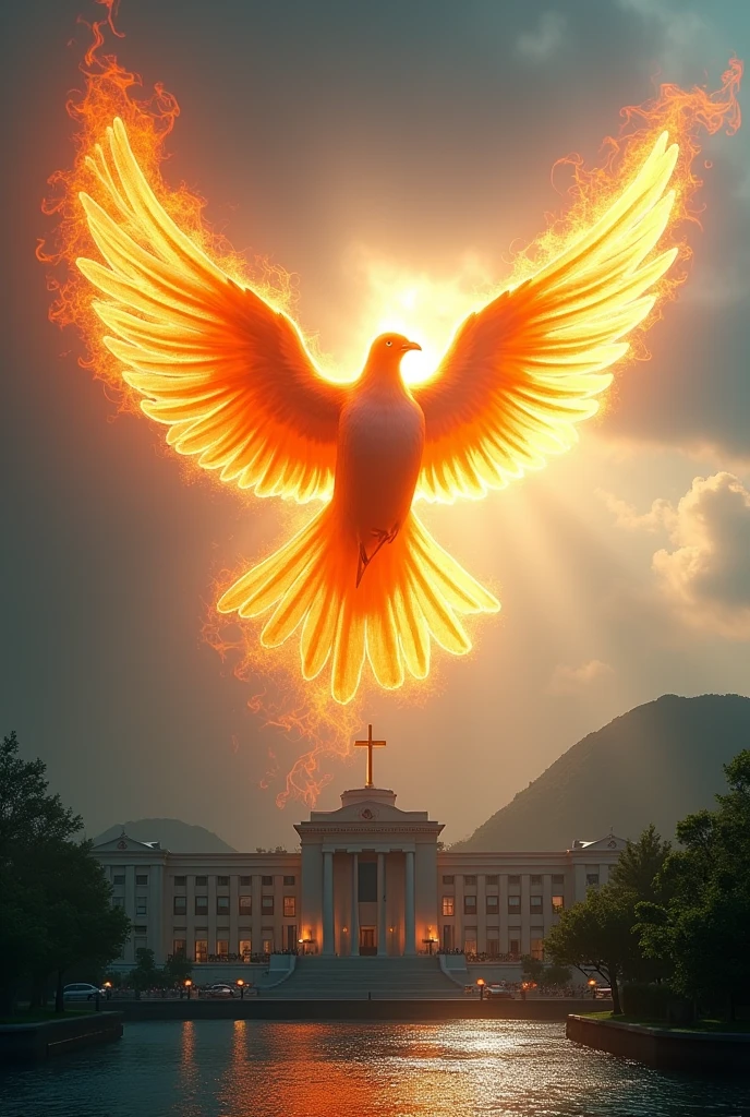 A dove like the Holy Spirit, in the color of fire, flying over the Evandro Freire hospital on Governor's Island, Rio de Janeiro, brazil