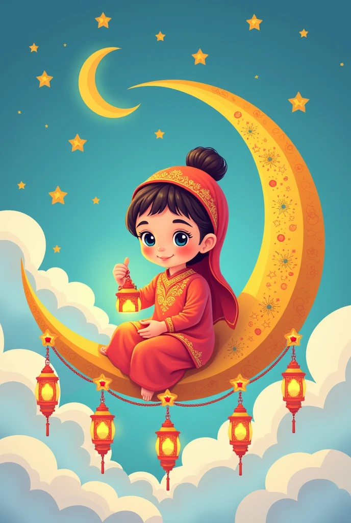 Cartoon vector drawing of colorful line art, create a logo of a baby girl sitting on a yellow crescent moon decorated with Ramadan decorations. A beautiful little baby girl sitting on it wearing a beautiful dress and holding a lit Ramadan lantern. Below the crescent moon there are clouds and a drawing of lantern characters. High-detail vector drawing 