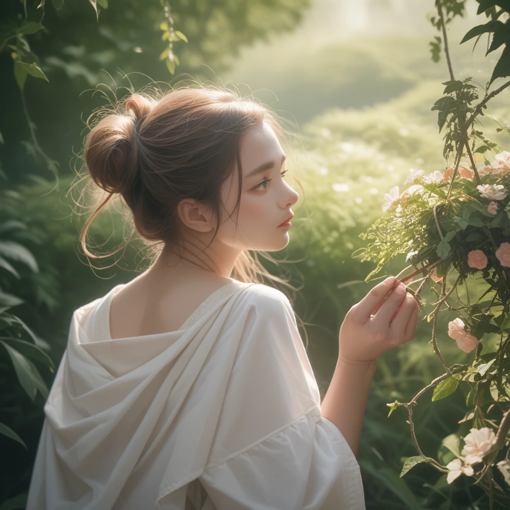 Capture an intimate long shot of the subject against a natural backdrop, cinematic depth, Leverage the 8K resolution for ultra-high detail in facial expressions and surrounding elements, Employ subtle pastel hues to evoke a sense of elegance,