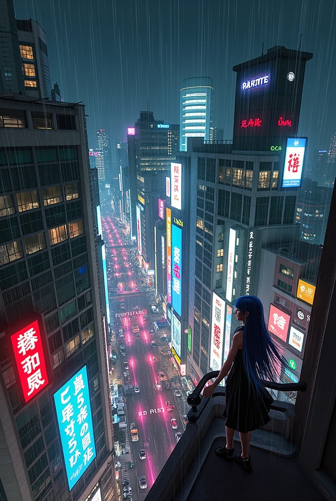 A realistic image of a building&#39;s terrace at night, seen from above, with several taller buildings nearby making up the background, illuminated by colorful neon signs and billboards., It&#39;s raining and right in the center of the terrace at the top of the building a woman wearing a black gothic dress with long blue hair and smudged makeup due to the rain is standing with her arms open looking up feeling the rain on her face.