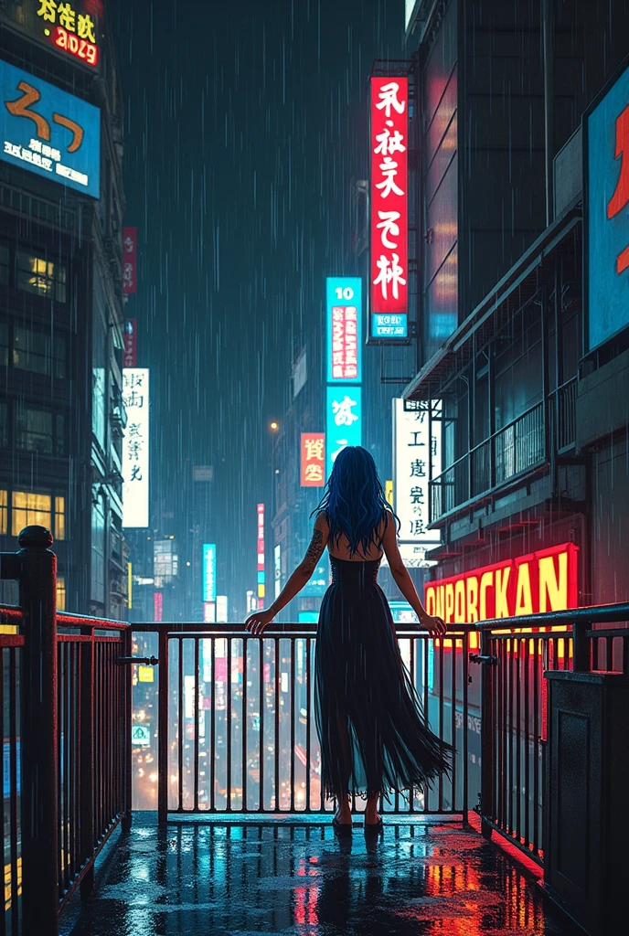 A realistic image of a building's terrace at night, seen from above, with several taller buildings nearby making up the background, illuminated by colorful neon signs and billboards., It's raining and right in the center of the terrace at the top of the building a woman wearing a black gothic dress with long blue hair and smudged makeup due to the rain is standing with her arms open looking up feeling the rain on her face.
