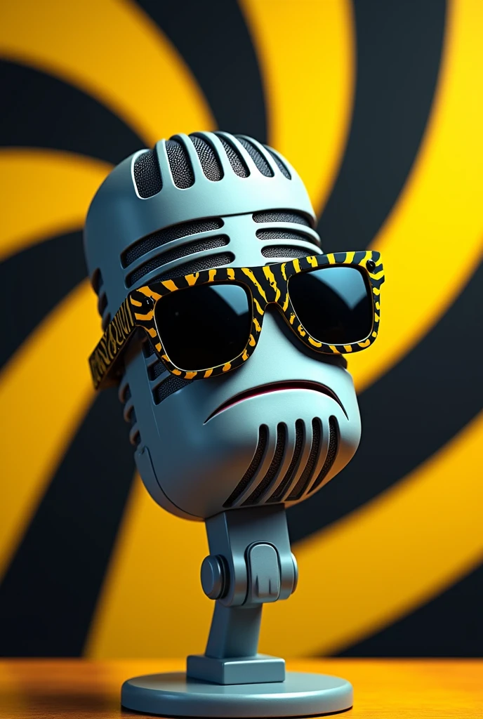 podcast microphone with a frown and wearing sunglasses with a black and yellow stripe background, anime version