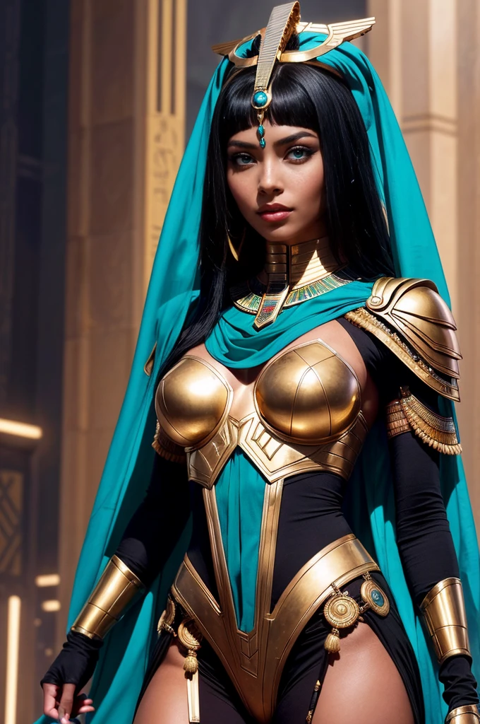 A powerful and bold depiction of an Egyptian goddess, inspired by figures such as Osiris, Cleopatra, Nefertiti, and Hathor, reimagined as a futuristic pharaonic queen. She is a beautiful, athletic, and mystic figure with golden-brown skin, standing confidently with her arms at her sides. She has striking green eyes, bold red lips, and wears dark smoky makeup that accentuates her divine aura. Her cybernetic enhancements and jewelry add a futuristic twist, blending ancient Egyptian regalia with a sci-fi aesthetic.

The scene is set in an epic futuristic cityscape, reminiscent of ‘Blade Runner 2049,’ with neon lights and mist creating a mysterious atmosphere. The background is filled with pink, turquoise, and gold hues that highlight the cyberpunk style. She stands in a commanding pose, evoking a mix of power, prestige, and mysticism, with a glowing halo above her head, suggesting divine birthright.

The composition captures a full-body shot from an eye-level angle, centered with a 35mm lens for a natural perspective. The lighting is cinematic and moody, using dark tones and selective focus to draw attention to her hyper-detailed face and the intricate textures of her futuristic armor. Her skin is naturally tan with freckles, and her curvy body is emphasized by the fine details and realistic rendering in 8K CG. The scene is a masterpiece of high-quality, ultra-detailed backgrounds with a fine drawing style, creating an immersive pharaonic fantasy character.

The goddess is surrounded by other figures, lined up in the background, adding depth to the composition. The setting includes elements of an Egyptian palace fused with a high-tech environment, creating an absurd yet captivating juxtaposition of ancient and futuristic. The camera work captures the essence of a leader, sacred female icon, and a ‘girl boss,’ with a selective focus that highlights her role as a central figure in this visionary, cyber-Egyptian narrative