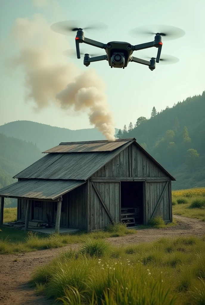 Compost Barn housing with gases coming out of it and a drone flying over it