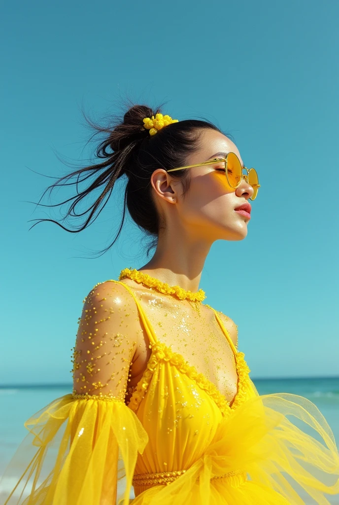 model wearing in the style of dark sky-blue and light yellow, minimalist pen lines, fairy kei, use of precious materials, vibrant and lively hues, captivating, glitter