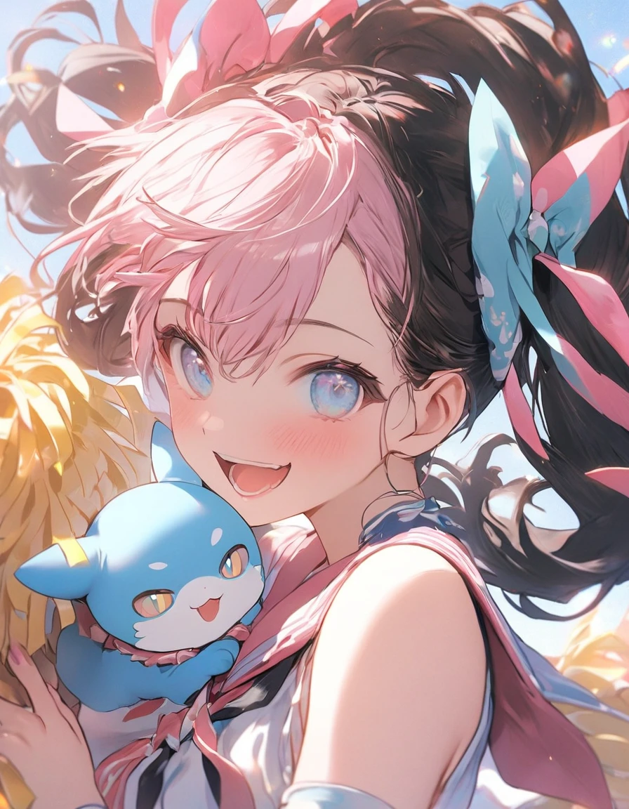 Cute anime girl with pink and cotton candy blue hair, hugging a jellyfish plush, wearing a blue bikini with big boobs